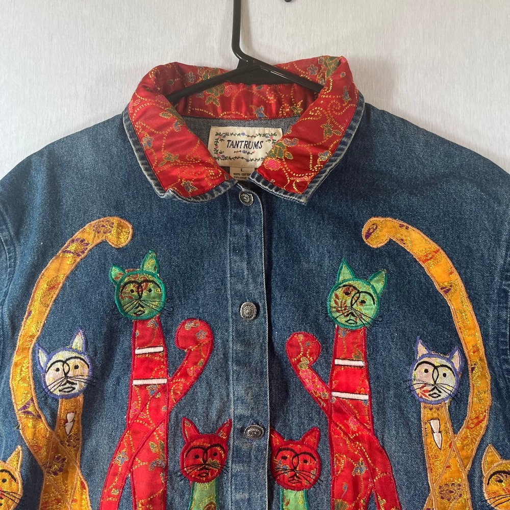 Tantrums Vintage Denim Jacket Women L Cat Patchwork Embroidered Art to Wear - Picture 13 of 16